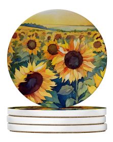 Kansas Sunflowers in Watercolor Large Sandstone Coasters Pack of 4 Absorbent Round Coasters Decor Gifts for Men or Women, 4 in, Multicolor